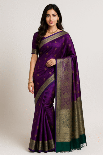 Purple Banarasi Silk Saree with Gold Zari Motifs & Green Border - Image 2