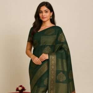 Deep Green Banarasi Silk Saree with Gold Zari Weaving & Maroon Border