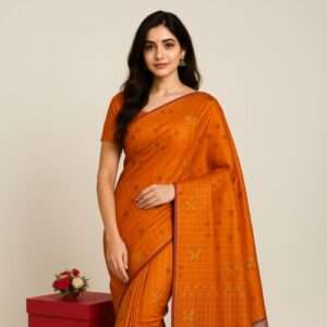 Orange Woven Silk Saree with Butterfly Motifs & Maroon Zari Border