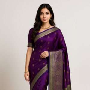 Purple Banarasi Silk Saree with Gold Zari Motifs & Green Border