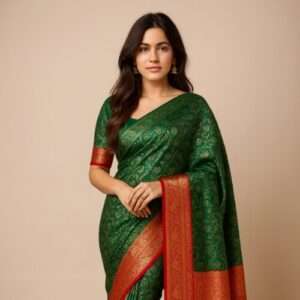 Emerald Green Banarasi Silk Saree with Rich Red & Gold Zari Border